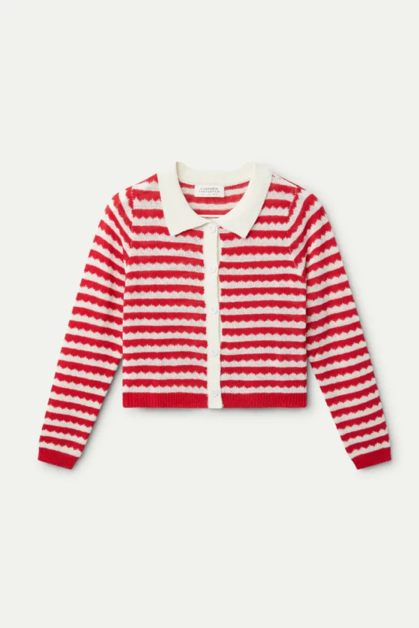 Cardigan con colletto bianco e rosso, manica lunga