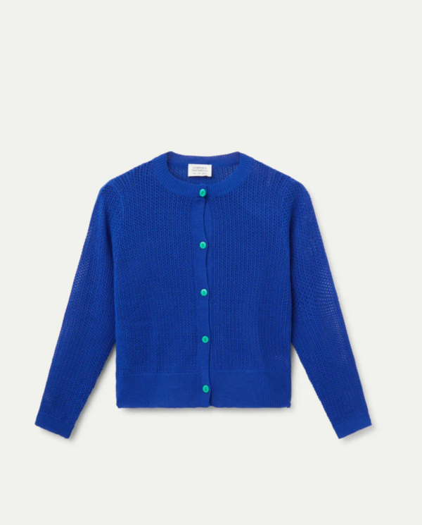 Cardigan maglia traforata bluettes con bottoni a contrasto