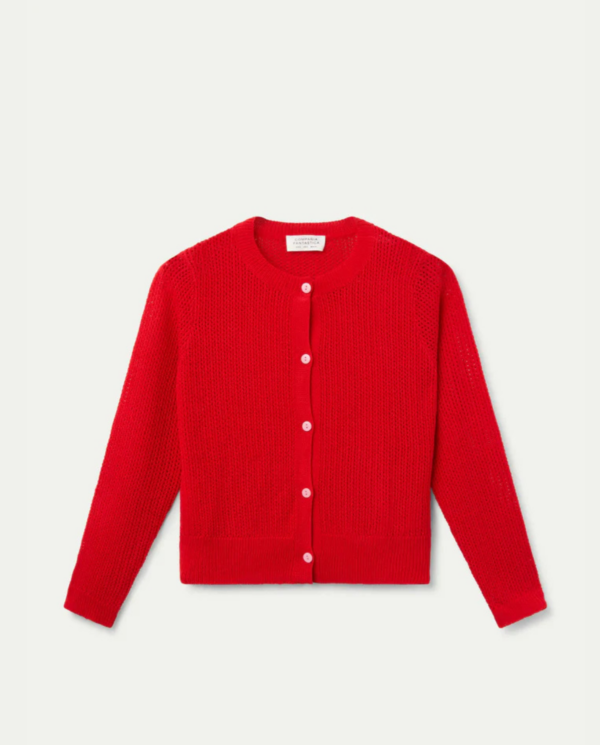 Cardigan maglia traforata rosso con bottoni a contrasto