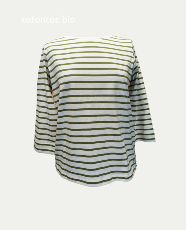 T-shirt a riche panna e verde manica 3/4 cotone bio